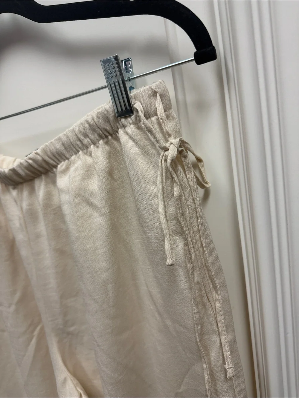 Zara Wide Leg Drawstring linen low rise side tie Cream ecru khaki trouser pants